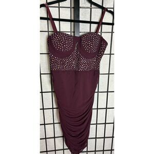 Mele E Pere Burgundy Rhinestone Adorned Sleeveless Dress